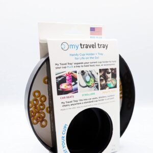 My Travel Tray/Round - USA Made. Easily Convert Your Current Cup Holder to a Tray and Cup Holder for use with Car Seats, Booster,Stroller and Anywhere You Have a Cup Holder! (Dark Black)
