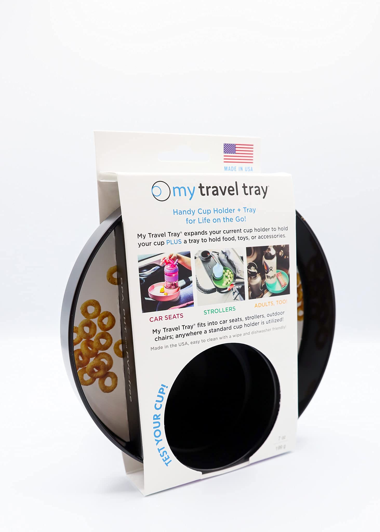 My Travel Tray/Round - USA Made. Easily Convert Your Current Cup Holder to a Tray and Cup Holder for use with Car Seats, Booster,Stroller and Anywhere You Have a Cup Holder! (Dark Black)