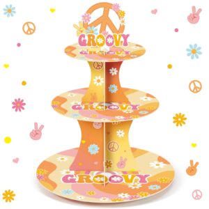 Nuenen 3 Tier Groovy Hippie Cupcake Stand Party Decorations Retro Hippie Boho Cupcake Holder Daisy Flower Groovy Rainbow Dessert Tower for Teens Adults Groovy Hippie Theme Birthday Party (Groovy)