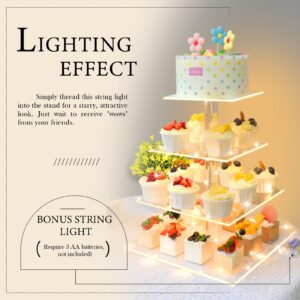 4 Tier Square Acrylic Cupcake Display Stand Holder with LED String Light Pastry Dessert Serving Platter for Birthday or Wedding Party