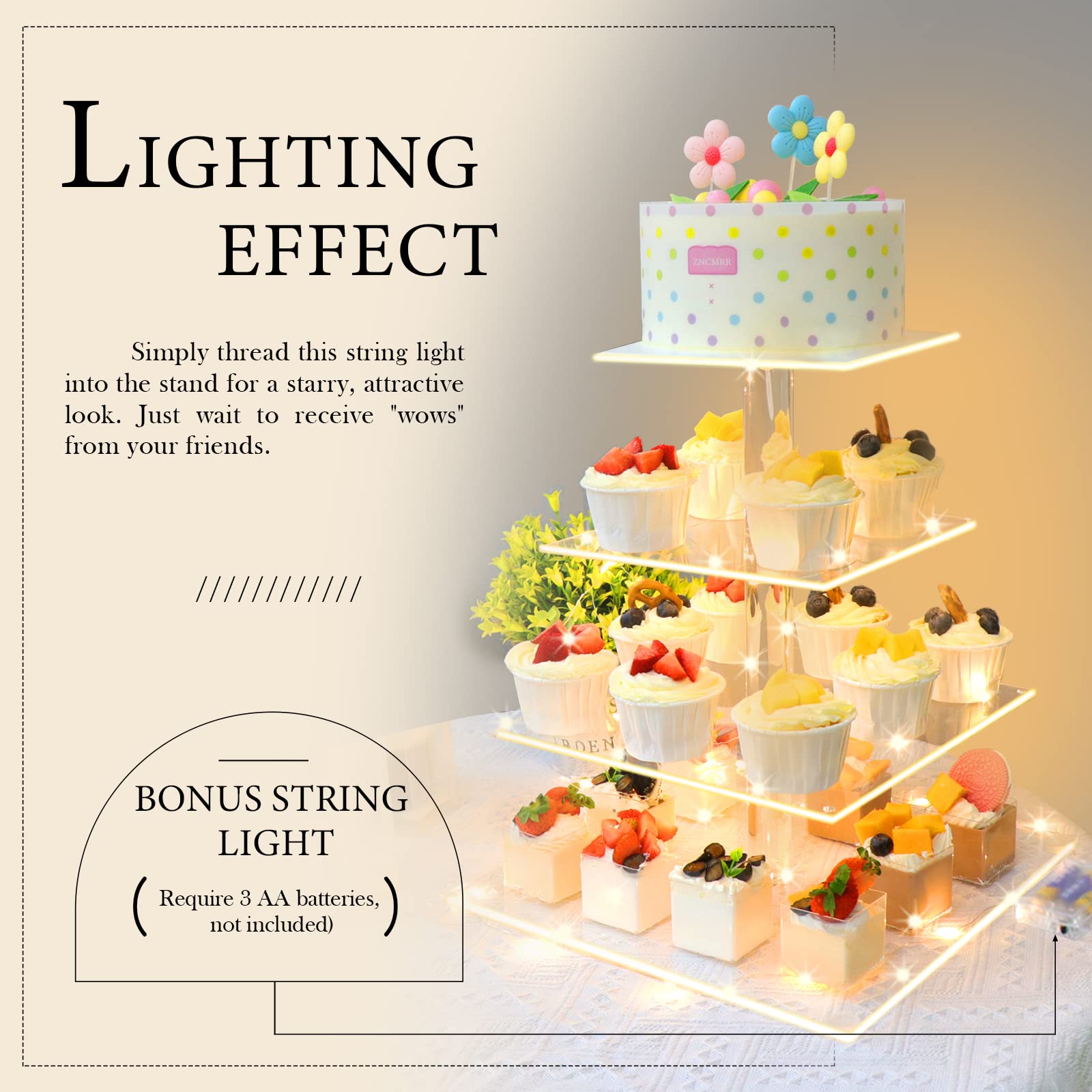 4 Tier Square Acrylic Cupcake Display Stand Holder with LED String Light Pastry Dessert Serving Platter for Birthday or Wedding Party