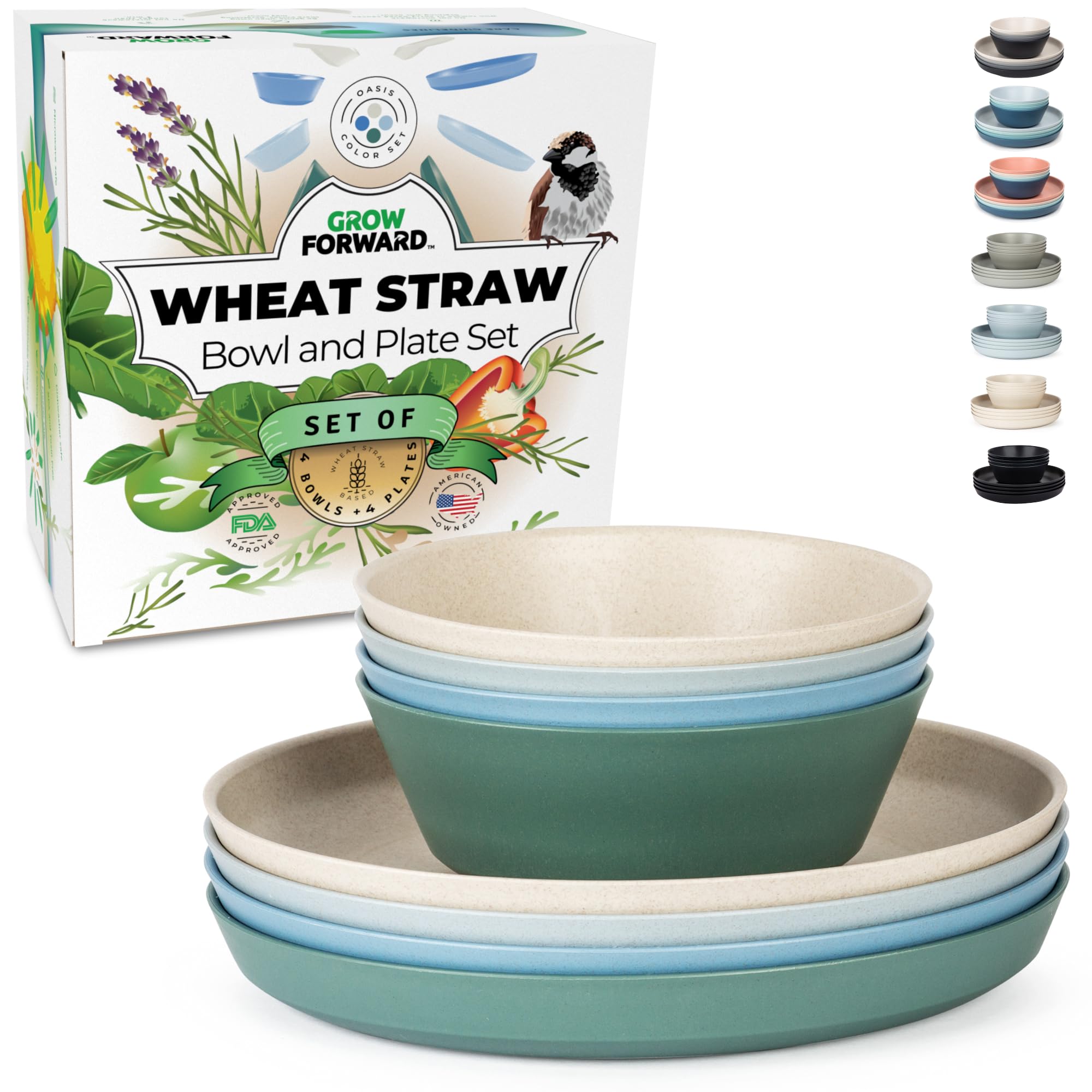 Grow Forward Premium Wheat Straw Plates and Bowls Sets - 8 Unbreakable Microwave Safe Dishes - Reusable Wheat Straw Dinnerware Sets - Plastic Plates and Bowls Alternative for Camping, RV - Oasis