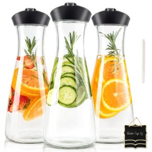 glass carafe pitcher - hihuos 34oz water carafe set for mimosa bar - juice containers with airtight lids for fridge, 3 pack tea pitcher for juice, milk, cold brew - 3 wooden tags and 1 marker included