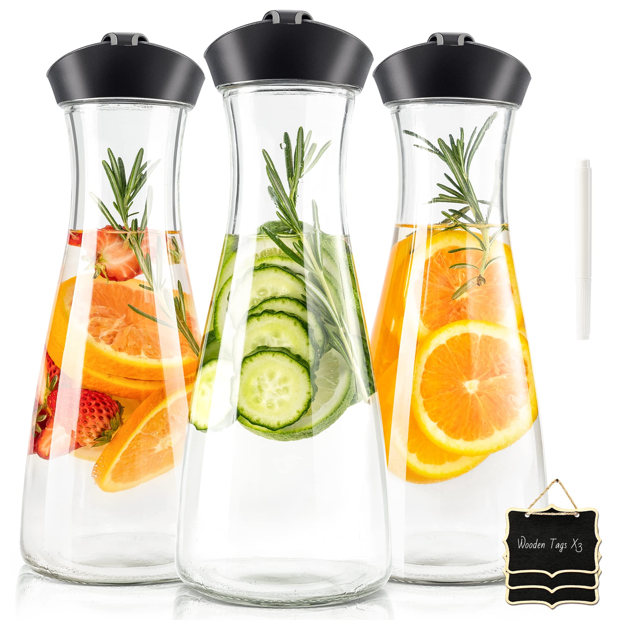 Glass Carafe Pitcher - HIHUOS 34oz Water Carafe Set for Mimosa Bar - Juice Containers with Airtight Lids for Fridge, 3 Pack Tea Pitcher for Juice, Milk, Cold Brew - 3 Wooden Tags and 1 Marker Included