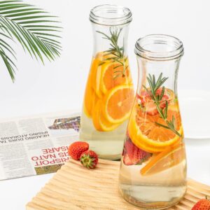 Glass Carafe Pitcher - HIHUOS 34oz Water Carafe Set for Mimosa Bar - Juice Containers with Airtight Lids for Fridge, 3 Pack Tea Pitcher for Juice, Milk, Cold Brew - 3 Wooden Tags and 1 Marker Included