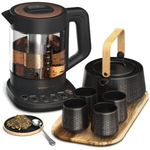 vianté luxury tea party set. complete with automatic tea maker with infuser for loose tea bags. ceramic serving set. tea pot/cup set and wooden tray. excellent gift for tea lovers.