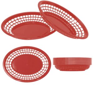 plastic fast food baskets - huge 12" x 9" size food baskets for serving - reusable foodservice restaurant deli diner burger fries fish chip hot dog sandwich plates tray platter (12 pack, red)