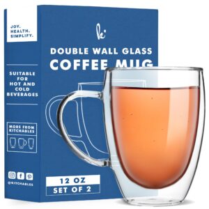 kitchables double walled glass coffee mugs set of 2, 12oz - insulated glass coffee mug for cappuccino, latte, tea, espresso - latte cup - tazas para cafe