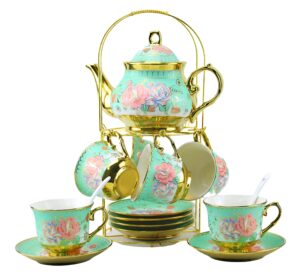 20 pieces porcelain tea set with metal holder, european ceramic tea set for adults,flower tea set,tea set for women with flower painting (large version, green)