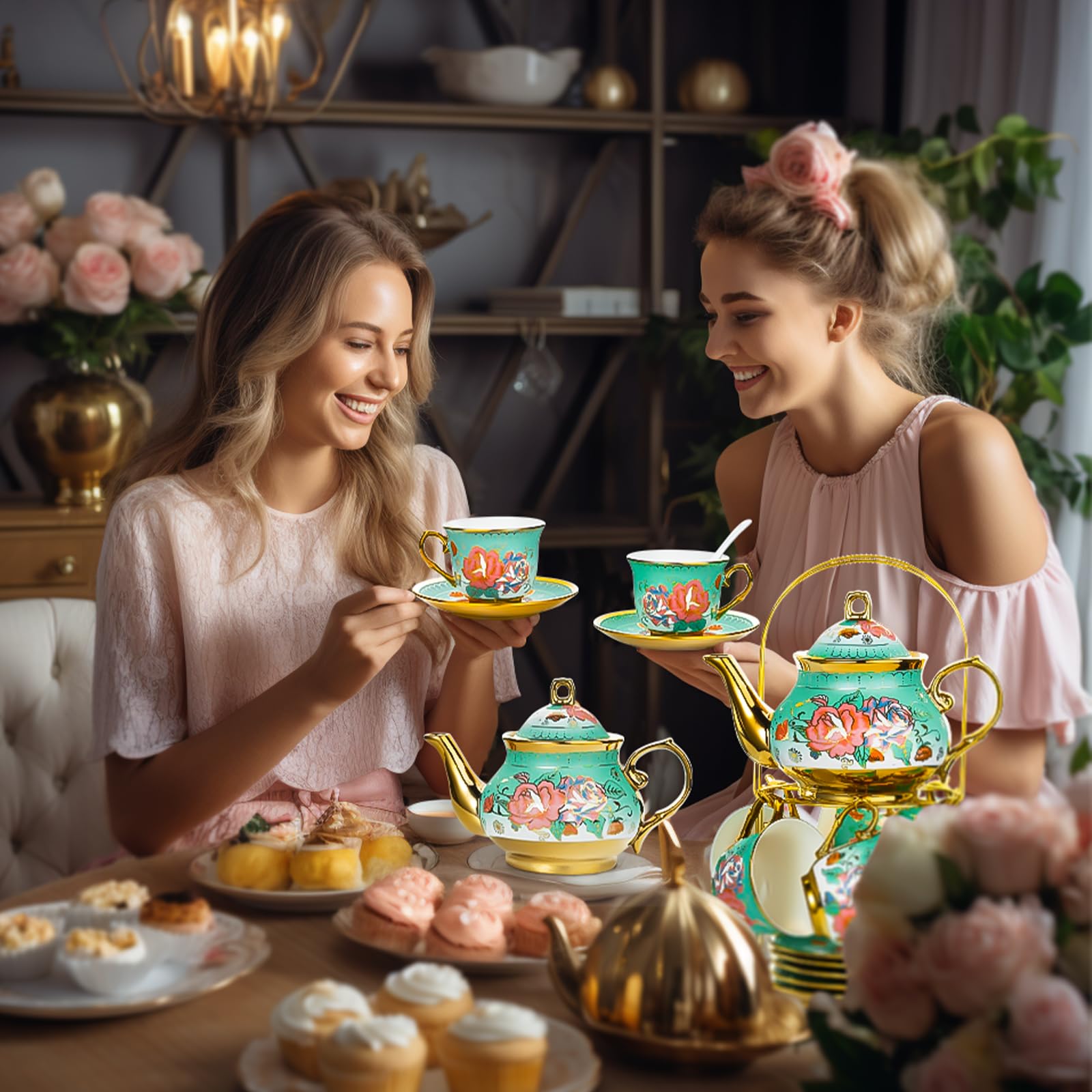 20 Pieces Porcelain Tea Set With Metal Holder, European Ceramic tea set for adults,Flower Tea Set,Tea Set For Women With Flower Painting (Large version, Green)