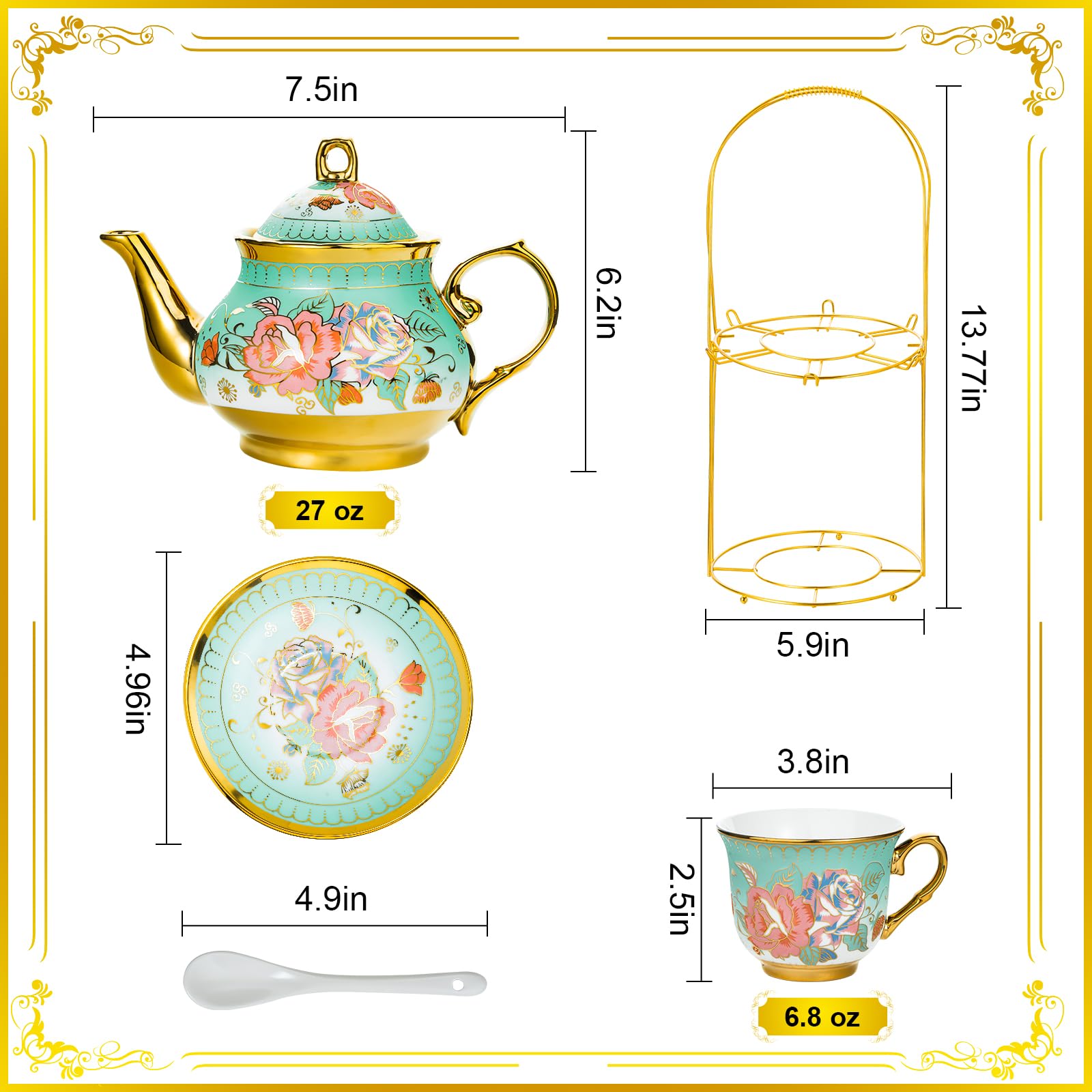 20 Pieces Porcelain Tea Set With Metal Holder, European Ceramic tea set for adults,Flower Tea Set,Tea Set For Women With Flower Painting (Large version, Green)