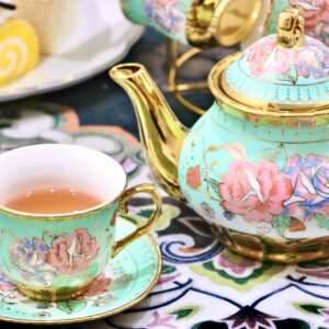 20 Pieces Porcelain Tea Set With Metal Holder, European Ceramic tea set for adults,Flower Tea Set,Tea Set For Women With Flower Painting (Large version, Green)