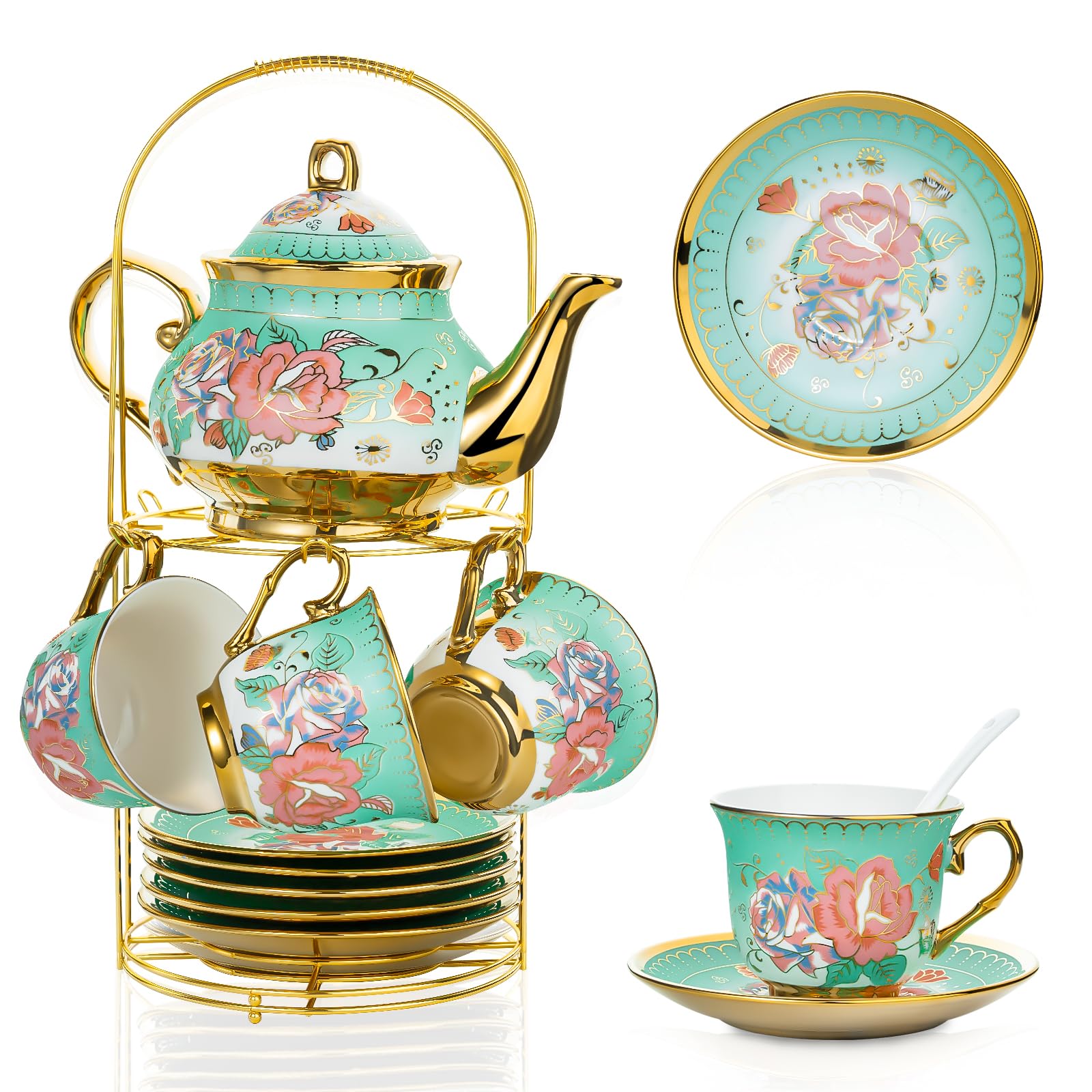 20 Pieces Porcelain Tea Set With Metal Holder, European Ceramic tea set for adults,Flower Tea Set,Tea Set For Women With Flower Painting (Large version, Green)