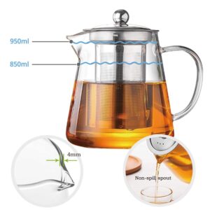 Glass Teapot with Infuser Tea Pot 32oz/43oz Tea Kettle Stovetop Safe Blooming and Loose Leaf Tea Maker Set (32oz/ 950ml)