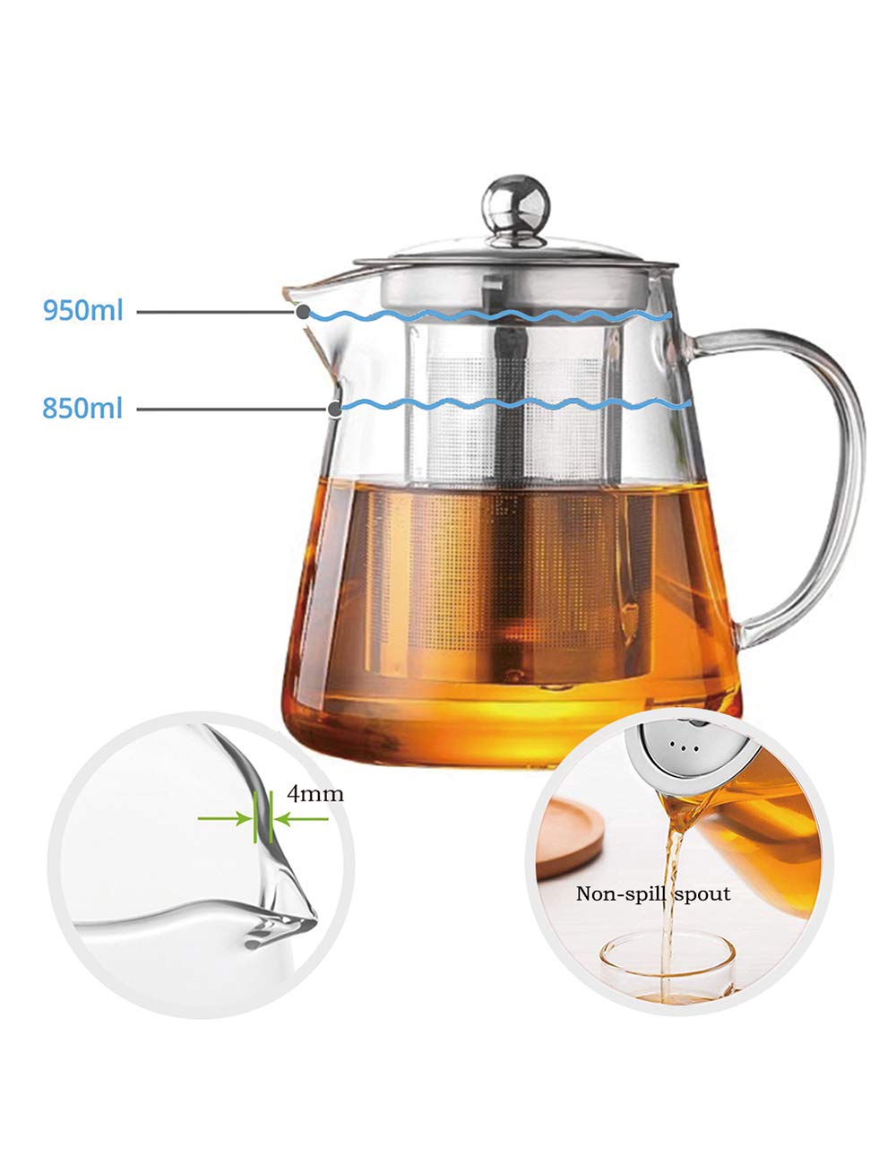 Glass Teapot with Infuser Tea Pot 32oz/43oz Tea Kettle Stovetop Safe Blooming and Loose Leaf Tea Maker Set (32oz/ 950ml)