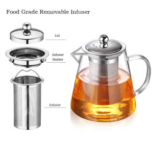 Glass Teapot with Infuser Tea Pot 32oz/43oz Tea Kettle Stovetop Safe Blooming and Loose Leaf Tea Maker Set (32oz/ 950ml)