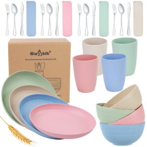 28pcs kitchen wheat streaw dinnerware sets for 4, wheat straw plates and bowls sets, college dorm dinnerware dishes set for 4 with cutlery set