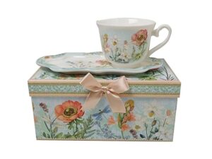 lightahead® new bone china unique tea coffee cup 10 oz and snack saucer set in a reusable handmade gift box with ribbon elegant floral design in attractive gift box