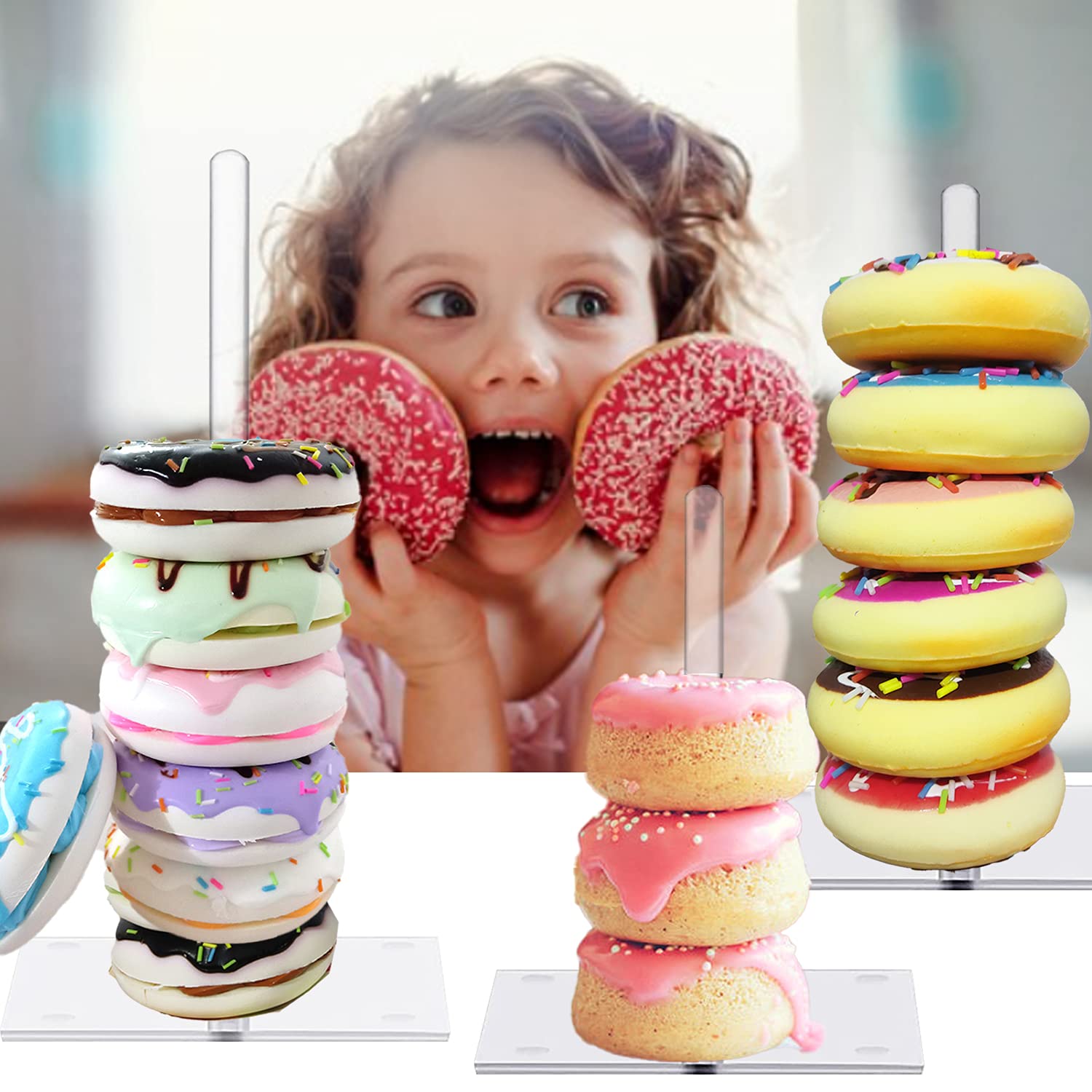 OLAJUNE Acrylic Donut Stands,Clear Acrylic Bagels Holder Doughnut Dessert Stand Table Decoration for Wedding Birthday Party Donut Party Supplies Donut Stand(4 Pieces, Two Each of 10 and 15 inch)