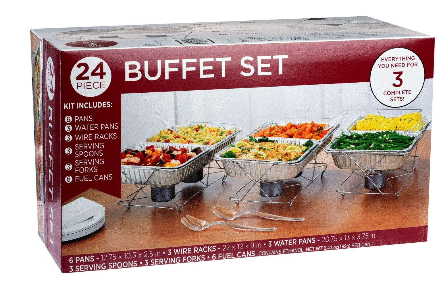 24 Piece Party Serving Kit Includes Chafing Dish Buffet Set and Serving Utensils For All Types Of Parties And Events, 3 complete Disposable Party Sets