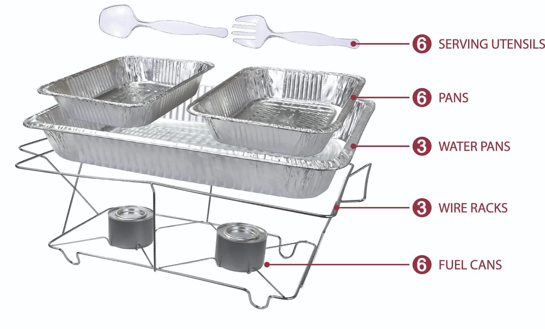 24 Piece Party Serving Kit Includes Chafing Dish Buffet Set and Serving Utensils For All Types Of Parties And Events, 3 complete Disposable Party Sets