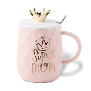mug for mom with crown cute coffee ceramic cup unique gift for women queen wife grandma girlfriend daughter mother's day - 15oz with lid & spoon (super mom)