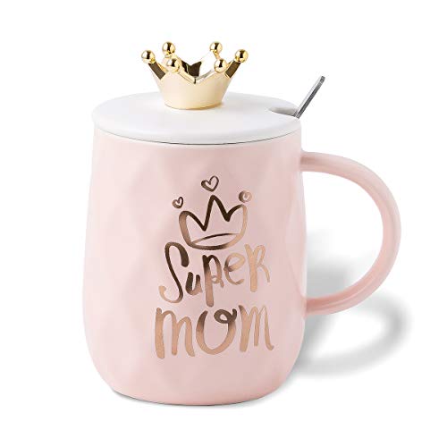 Mug for Mom with Crown Cute Coffee Ceramic Cup Unique Gift for Women Queen Wife Grandma Girlfriend Daughter Mother's Day - 15oz with Lid & Spoon (Super Mom)