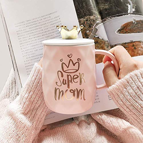 Mug for Mom with Crown Cute Coffee Ceramic Cup Unique Gift for Women Queen Wife Grandma Girlfriend Daughter Mother's Day - 15oz with Lid & Spoon (Super Mom)