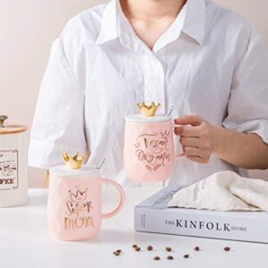 Mug for Mom with Crown Cute Coffee Ceramic Cup Unique Gift for Women Queen Wife Grandma Girlfriend Daughter Mother's Day - 15oz with Lid & Spoon (Super Mom)