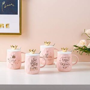Mug for Mom with Crown Cute Coffee Ceramic Cup Unique Gift for Women Queen Wife Grandma Girlfriend Daughter Mother's Day - 15oz with Lid & Spoon (Super Mom)