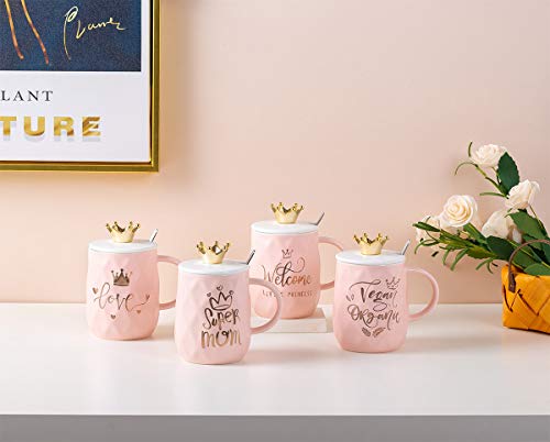 Mug for Mom with Crown Cute Coffee Ceramic Cup Unique Gift for Women Queen Wife Grandma Girlfriend Daughter Mother's Day - 15oz with Lid & Spoon (Super Mom)