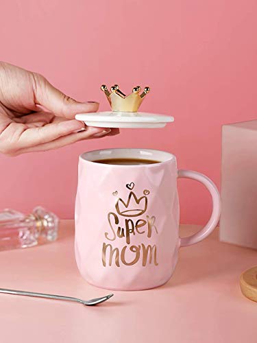 Mug for Mom with Crown Cute Coffee Ceramic Cup Unique Gift for Women Queen Wife Grandma Girlfriend Daughter Mother's Day - 15oz with Lid & Spoon (Super Mom)