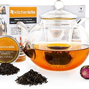 Kitchen Kite Clear Glass Teapot with Removable Glass Infuser and Lid - Glass Tea Kettle with Blooming, Loose Leaf Tea, Stovetop, Microwave & Dishwasher Safe, Tea Maker Gift Set (Holds 4-6 cups)