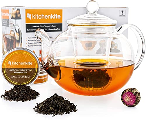 Kitchen Kite Clear Glass Teapot with Removable Glass Infuser and Lid - Glass Tea Kettle with Blooming, Loose Leaf Tea, Stovetop, Microwave & Dishwasher Safe, Tea Maker Gift Set (Holds 4-6 cups)