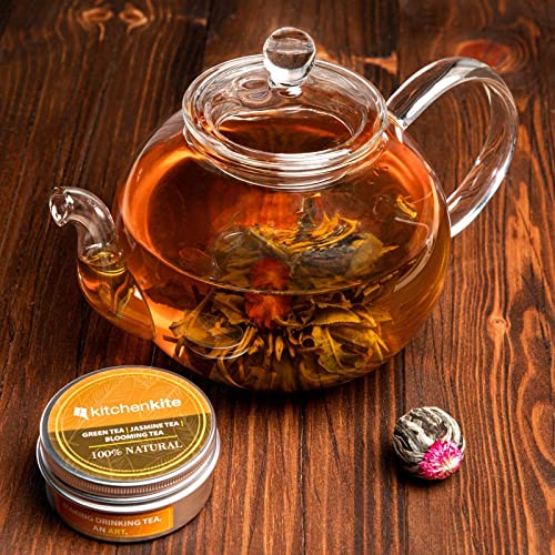 Kitchen Kite Clear Glass Teapot with Removable Glass Infuser and Lid - Glass Tea Kettle with Blooming, Loose Leaf Tea, Stovetop, Microwave & Dishwasher Safe, Tea Maker Gift Set (Holds 4-6 cups)