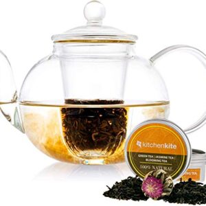 Kitchen Kite Clear Glass Teapot with Removable Glass Infuser and Lid - Glass Tea Kettle with Blooming, Loose Leaf Tea, Stovetop, Microwave & Dishwasher Safe, Tea Maker Gift Set (Holds 4-6 cups)