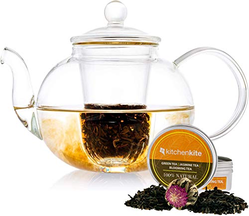 Kitchen Kite Clear Glass Teapot with Removable Glass Infuser and Lid - Glass Tea Kettle with Blooming, Loose Leaf Tea, Stovetop, Microwave & Dishwasher Safe, Tea Maker Gift Set (Holds 4-6 cups)