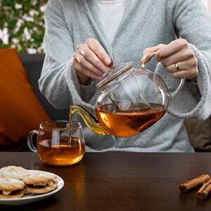 Kitchen Kite Clear Glass Teapot with Removable Glass Infuser and Lid - Glass Tea Kettle with Blooming, Loose Leaf Tea, Stovetop, Microwave & Dishwasher Safe, Tea Maker Gift Set (Holds 4-6 cups)