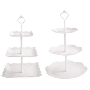 2 set 3-tier white dessert cake stand, plastic pastry stand small cupcake stand cookie tray rack candy buffet set up fruit plate and trays for wedding home birthday party decor serving platter
