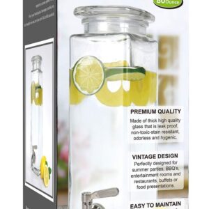 Estilo Glass Drink Dispenser - Tall Square Glass Mason Jar Drink Dispenser With Stainless Steel Spigot, 80 oz (2.36 Liters), Clear, Parties, Weddings, and Picnics