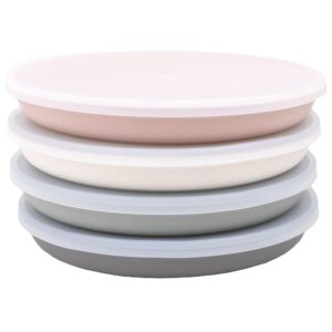 weesprout bamboo, silicone, melamine dishware plate with lids, set of 4, kid-sized design for leftovers, dishwasher safe (pink, green, gray, and beige)