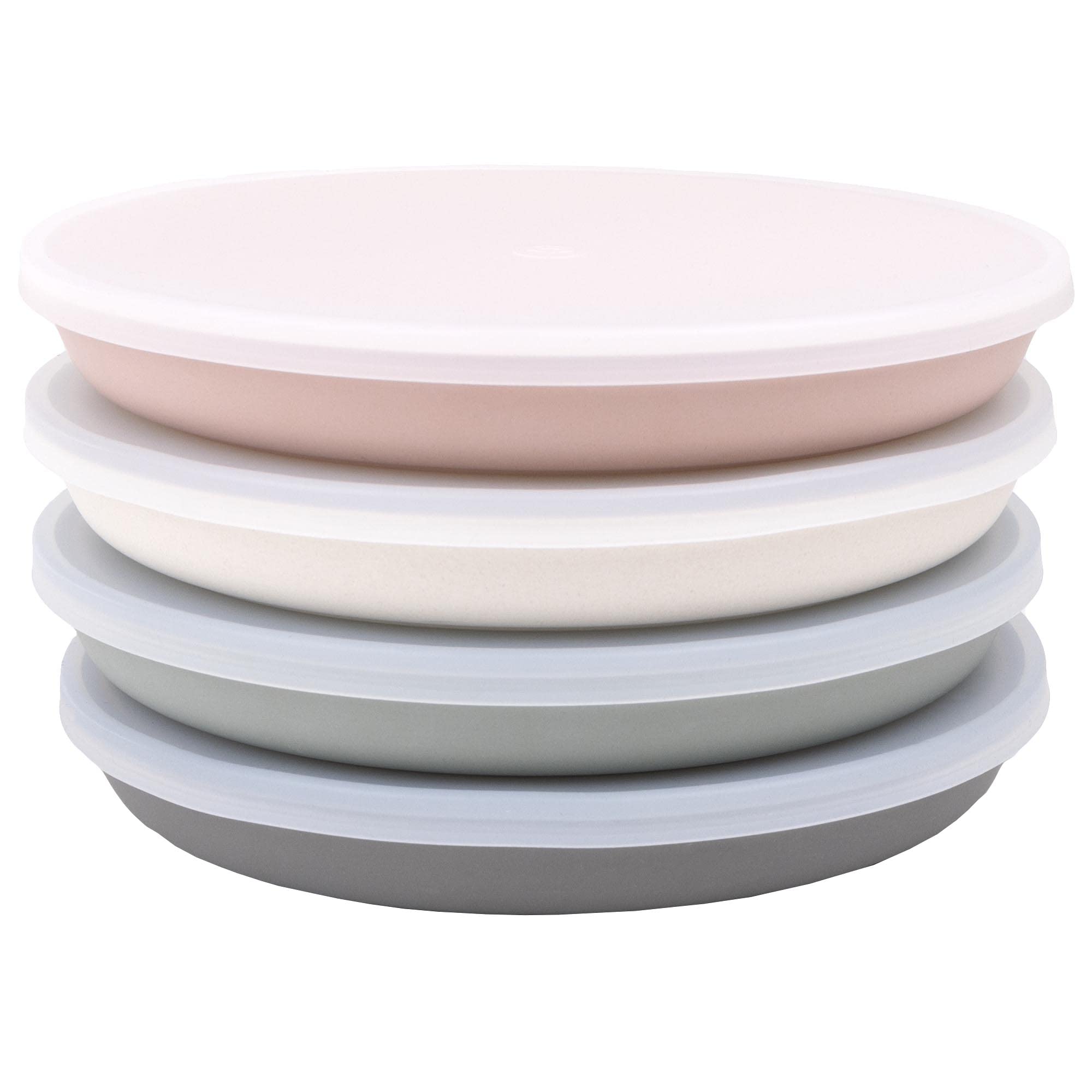 WeeSprout Bamboo, Silicone, Melamine Dishware Plate with Lids, Set of 4, Kid-Sized Design for Leftovers, Dishwasher Safe (Pink, Green, Gray, and Beige)