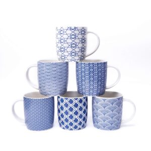 machuma set of 6 11.5 oz coffee mugs with blue and white geometric patterns, ceramic tea cup set