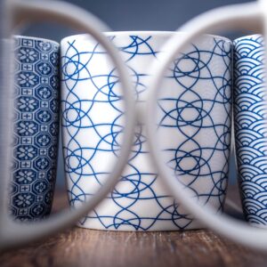 MACHUMA Set of 6 11.5 oz Coffee Mugs with Blue and White Geometric Patterns, Ceramic Tea Cup Set