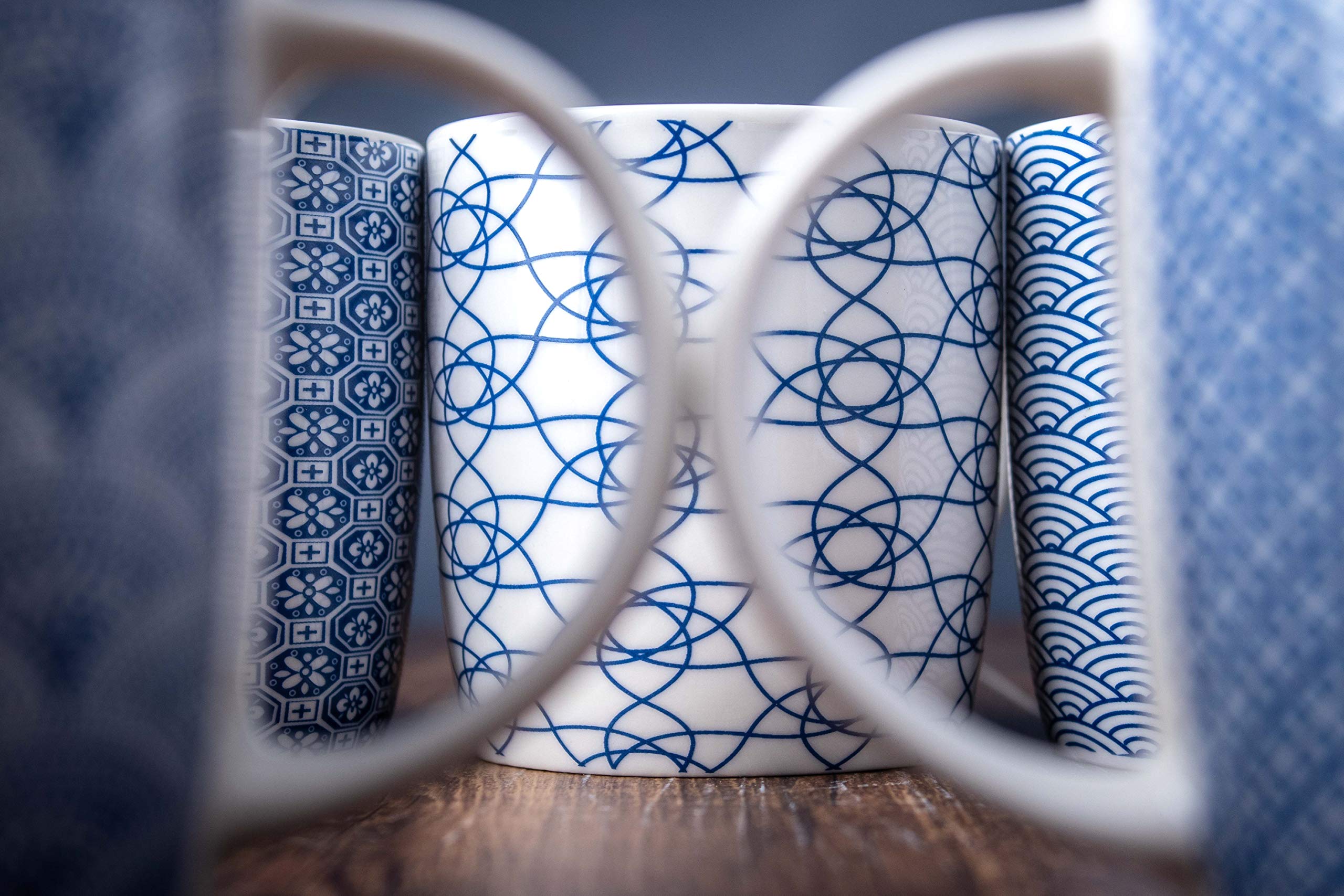 MACHUMA Set of 6 11.5 oz Coffee Mugs with Blue and White Geometric Patterns, Ceramic Tea Cup Set