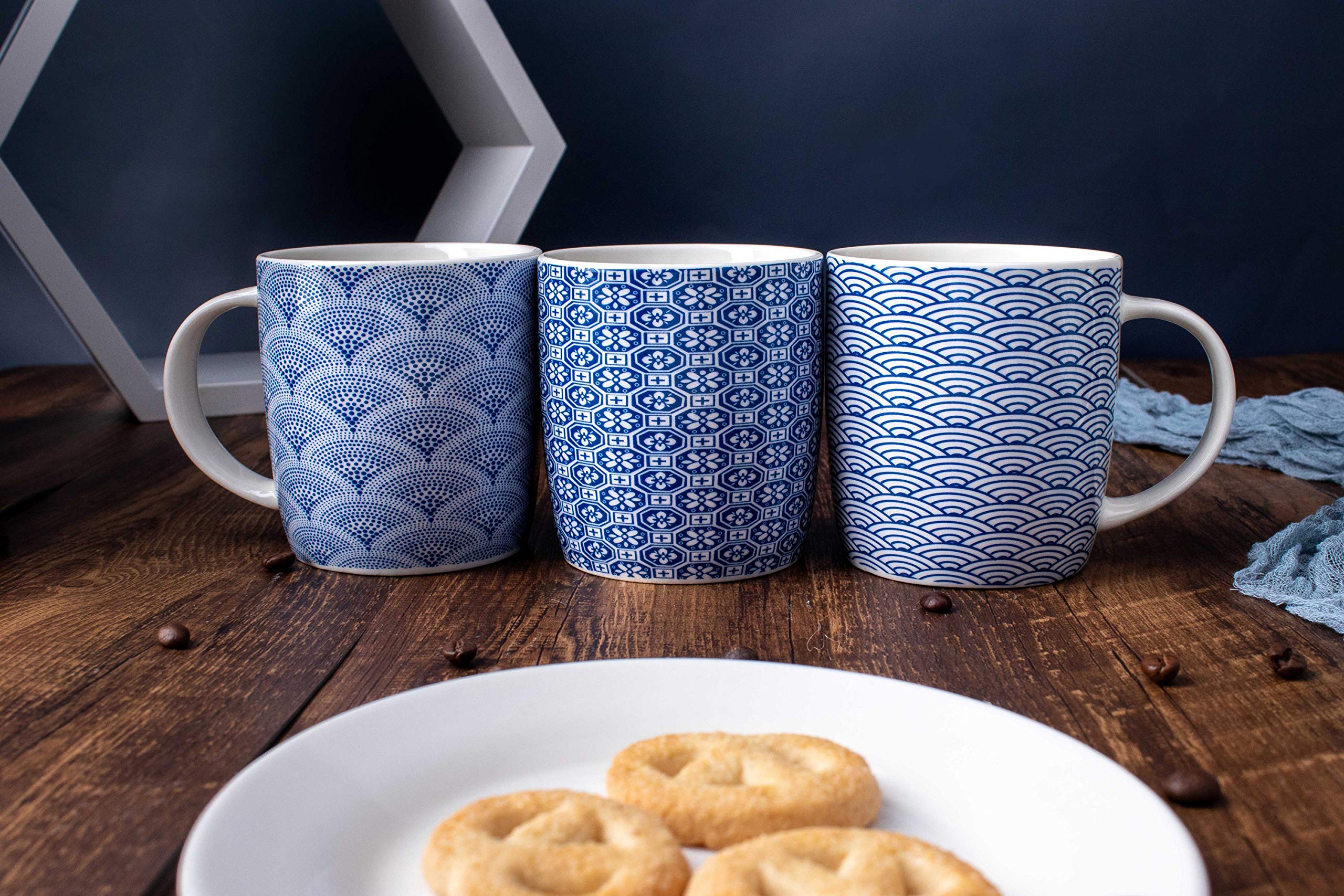 MACHUMA Set of 6 11.5 oz Coffee Mugs with Blue and White Geometric Patterns, Ceramic Tea Cup Set