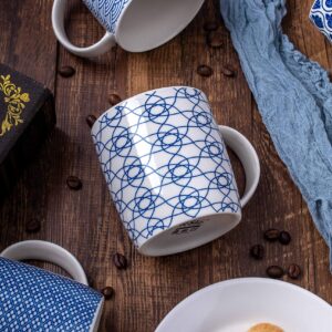 MACHUMA Set of 6 11.5 oz Coffee Mugs with Blue and White Geometric Patterns, Ceramic Tea Cup Set