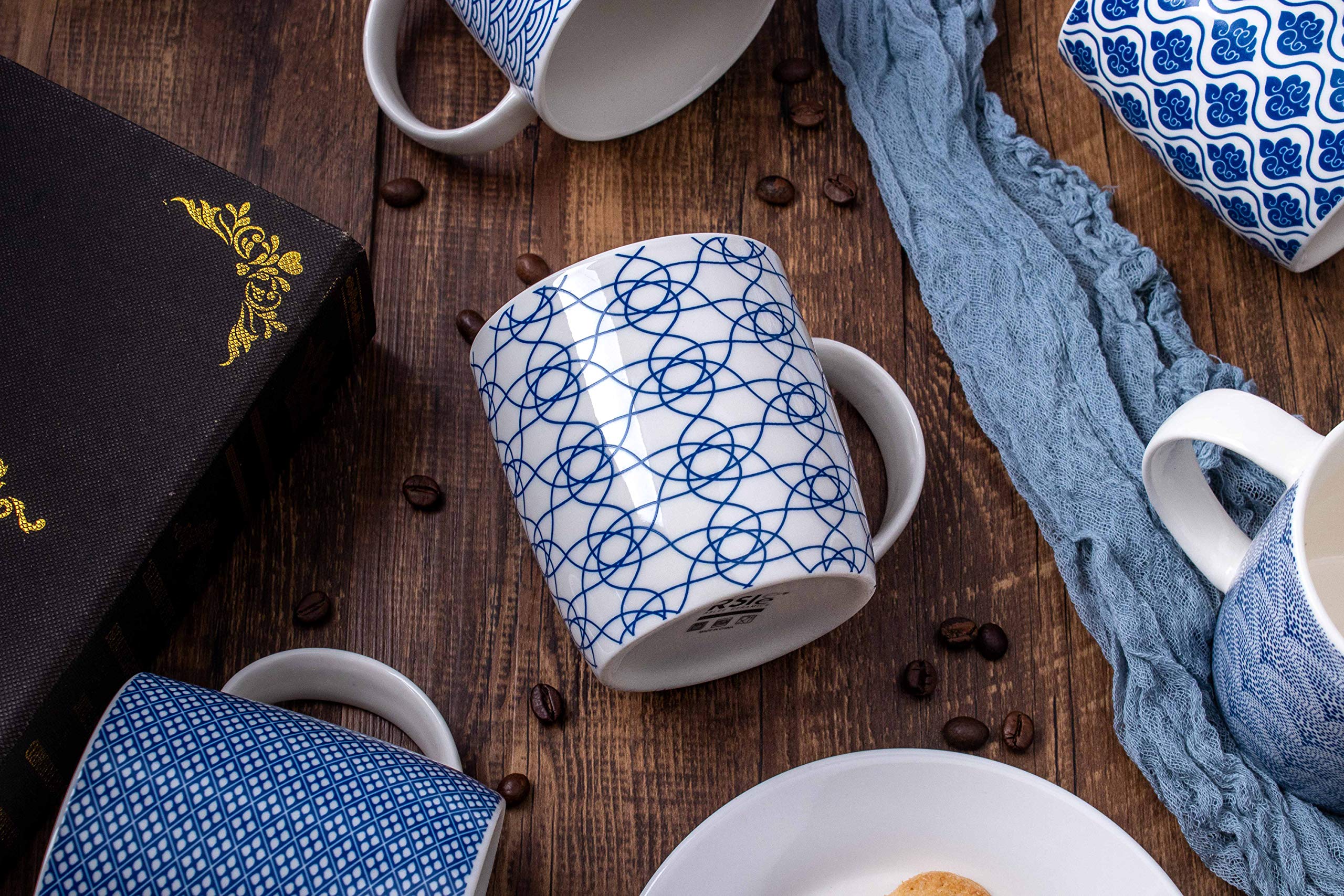 MACHUMA Set of 6 11.5 oz Coffee Mugs with Blue and White Geometric Patterns, Ceramic Tea Cup Set