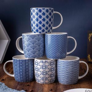 MACHUMA Set of 6 11.5 oz Coffee Mugs with Blue and White Geometric Patterns, Ceramic Tea Cup Set