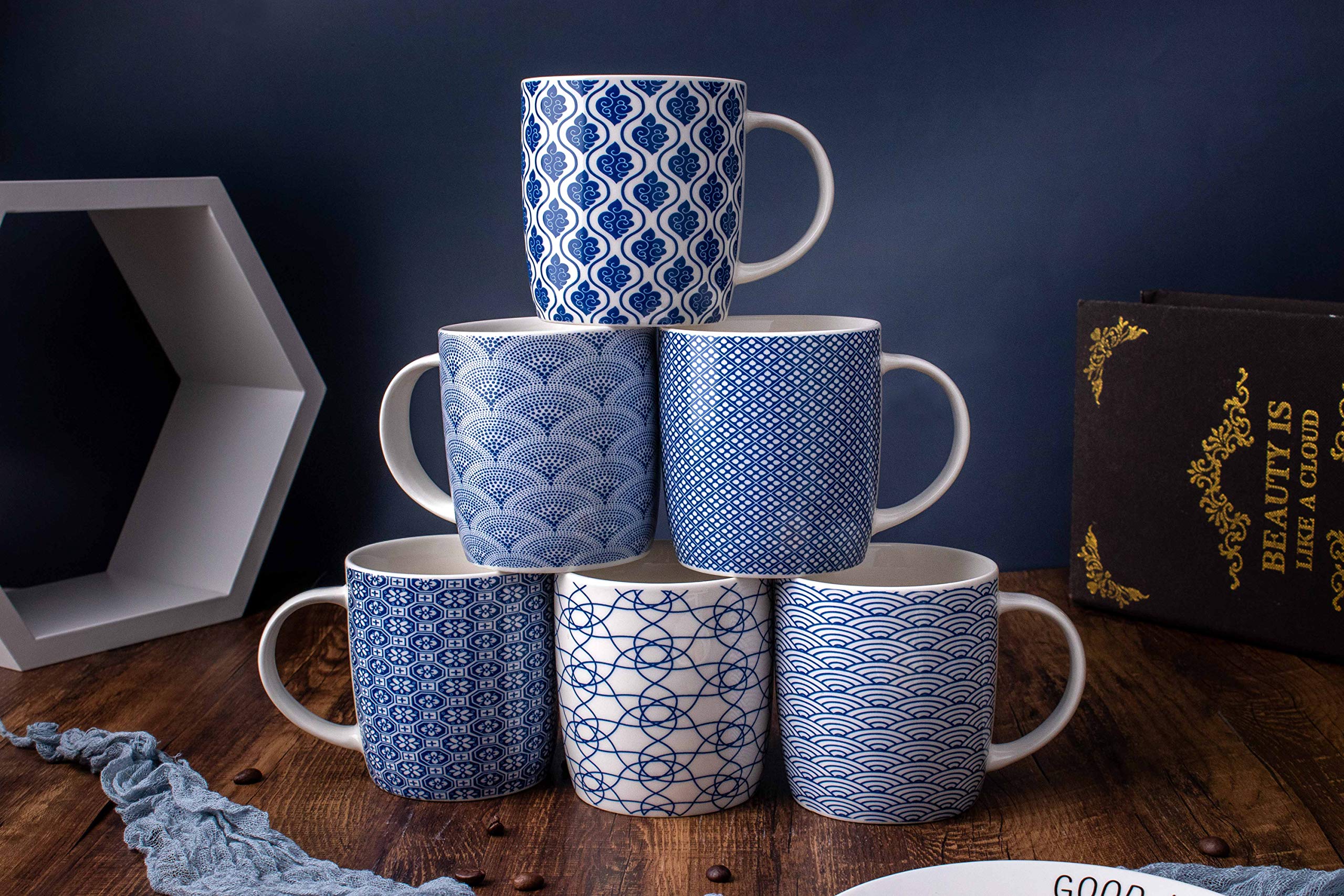 MACHUMA Set of 6 11.5 oz Coffee Mugs with Blue and White Geometric Patterns, Ceramic Tea Cup Set